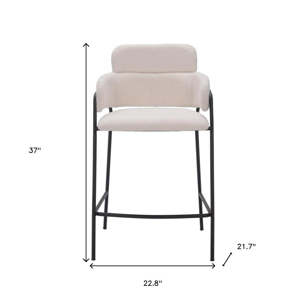 Set of Two 26" Cream and Black Faux Shearling and Steel Counter Height Bar Chairs