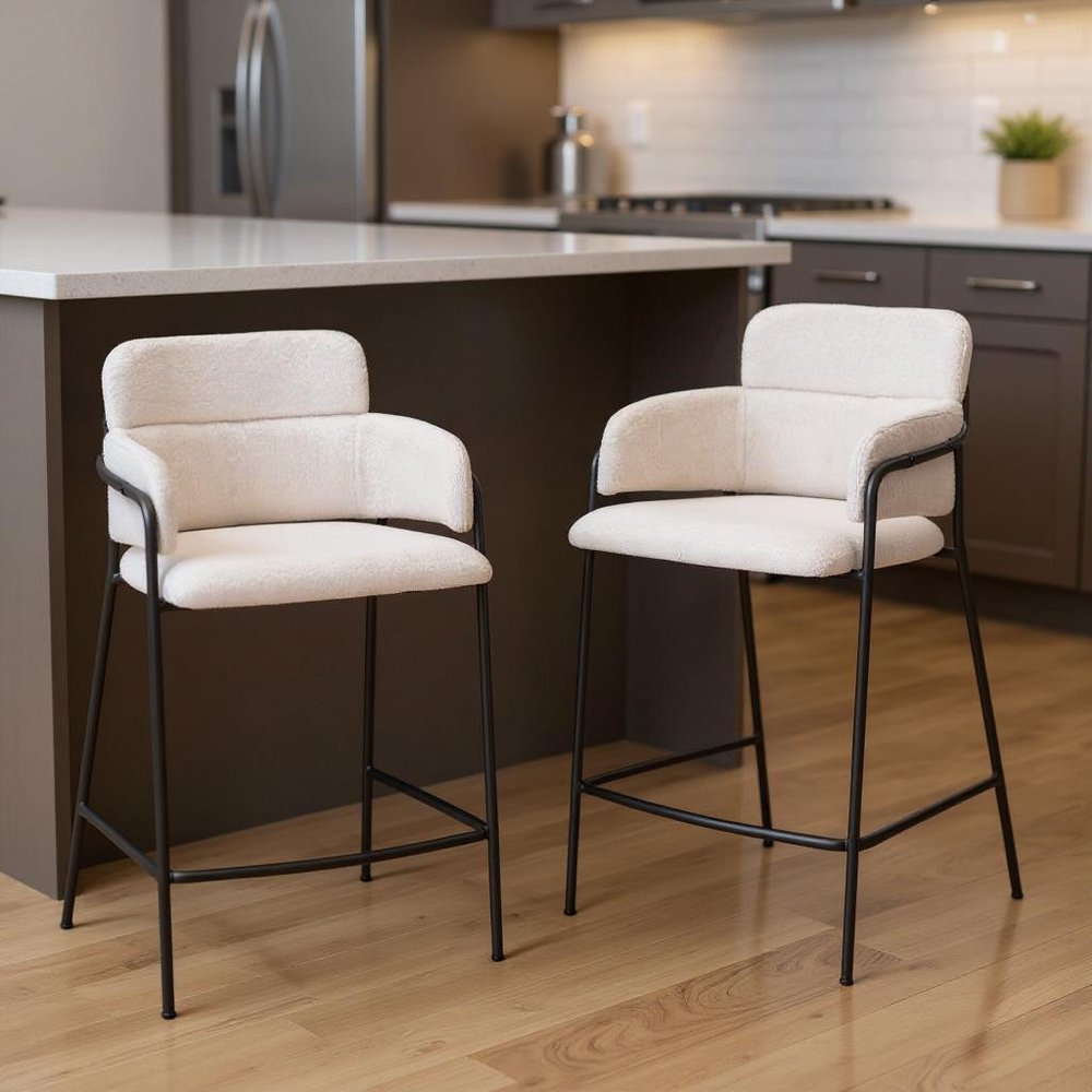 Set of Two 26" Cream and Black Faux Shearling and Steel Counter Height Bar Chairs