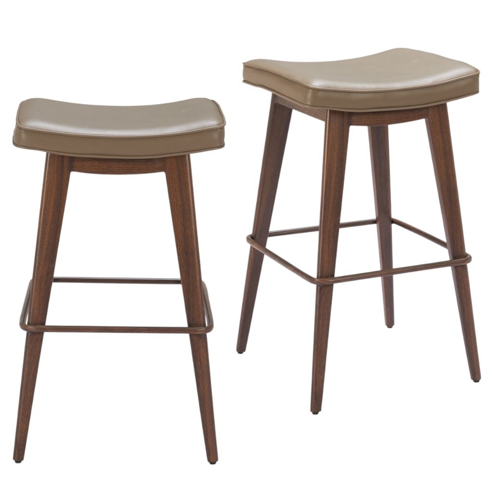 Set of Two 31" Taupe and Walnut Faux Leather and Steel Backless Bar Height Bar Chairs