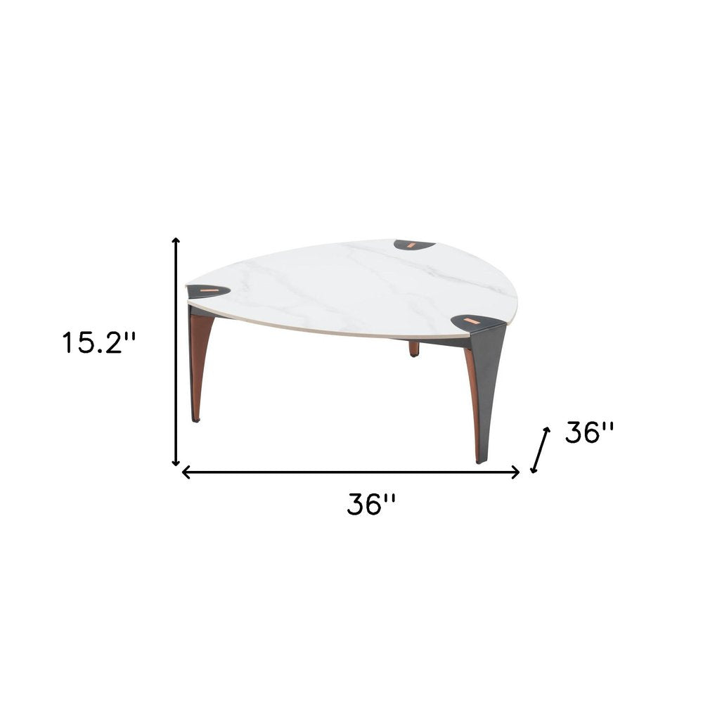 36" White and Black Sintered Stone Faux Leather And Steel Triangle Coffee Table