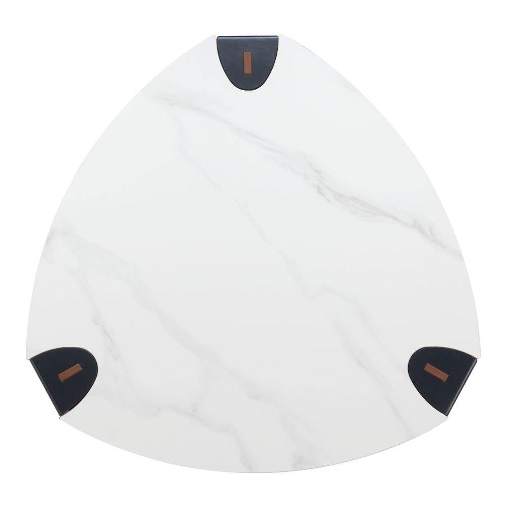 36" White and Black Sintered Stone Faux Leather And Steel Triangle Coffee Table