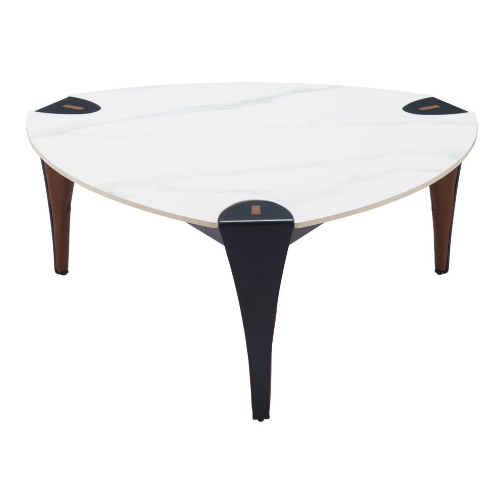 36" White and Black Sintered Stone Faux Leather And Steel Triangle Coffee Table
