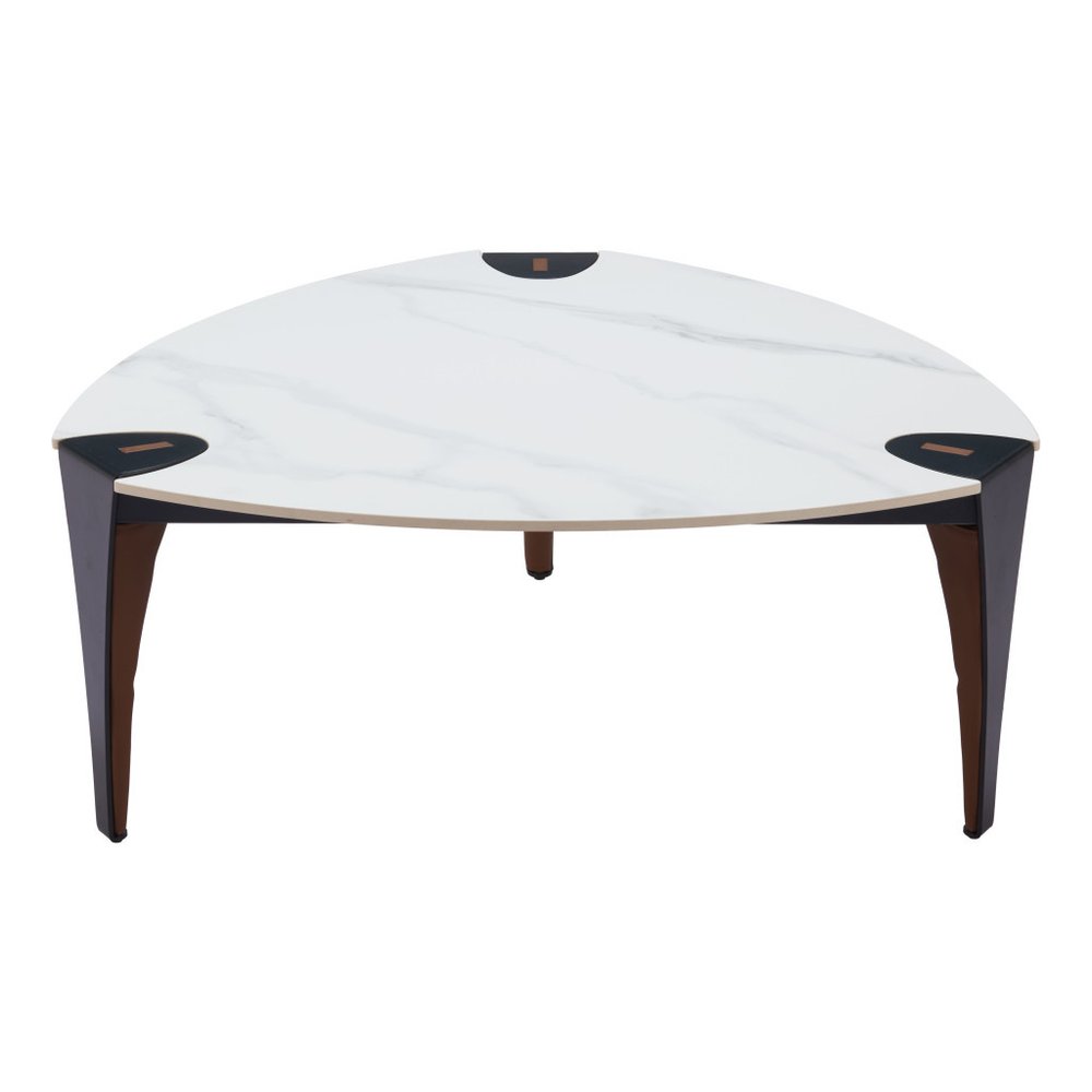 36" White and Black Sintered Stone Faux Leather And Steel Triangle Coffee Table
