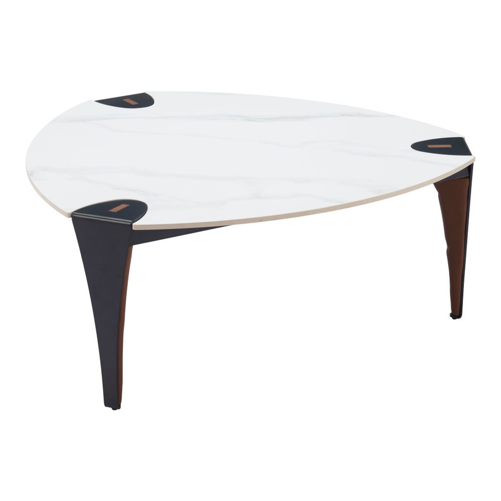 36" White and Black Sintered Stone Faux Leather And Steel Triangle Coffee Table