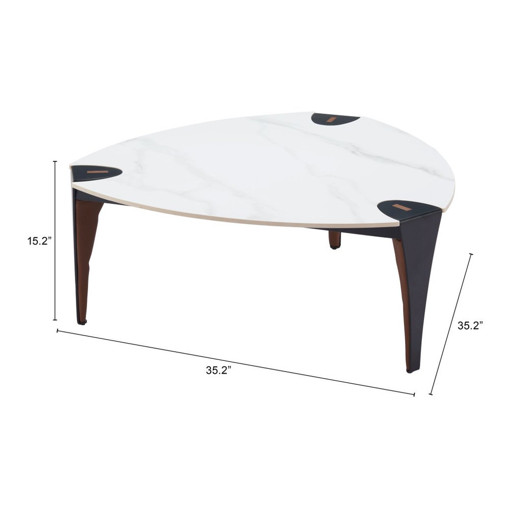 36" White and Black Sintered Stone Faux Leather And Steel Triangle Coffee Table