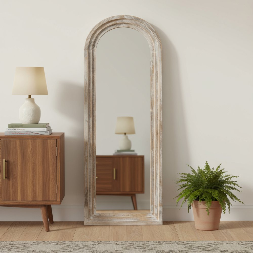 71" White Solid Wood Arch Freestanding Framed Full Length Mirror