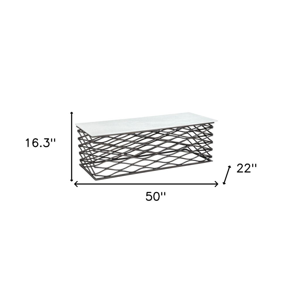 50" White and Antiqued Bronze Genuine Marble and Aluminum Abstract Coffee Table