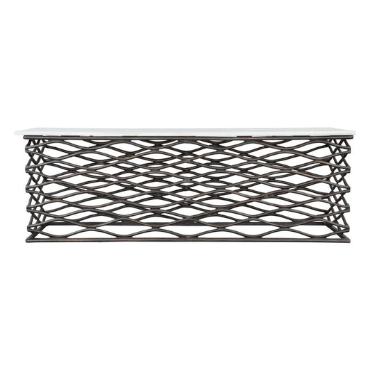 50" White and Antiqued Bronze Genuine Marble and Aluminum Abstract Coffee Table