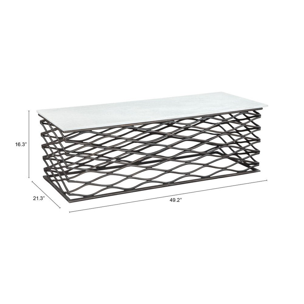 50" White and Antiqued Bronze Genuine Marble and Aluminum Abstract Coffee Table
