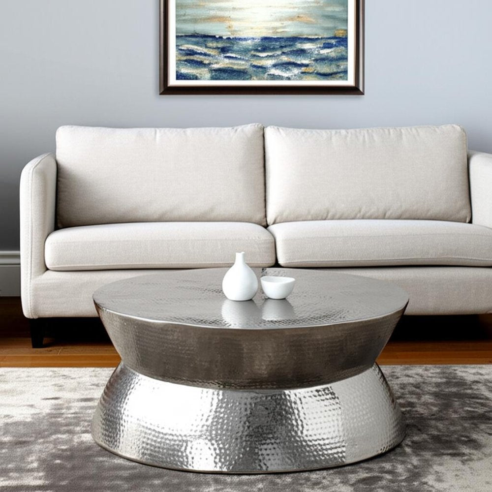 37" Silver Aluminum Round Distressed Solid Coffee Table
