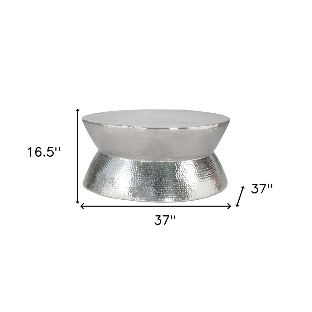 37" Silver Aluminum Round Distressed Solid Coffee Table