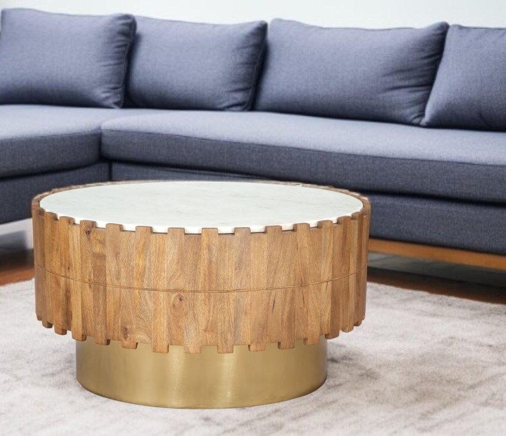 31" Gold Natural And White Iron Wood And Faux Marble Round Block Coffee Table
