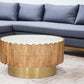 31" Gold Natural And White Iron Wood And Faux Marble Round Block Coffee Table