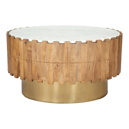31" Gold Natural And White Iron Wood And Faux Marble Round Block Coffee Table