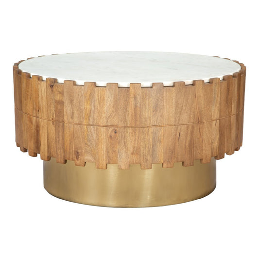 31" Gold Natural And White Iron Wood And Faux Marble Round Block Coffee Table