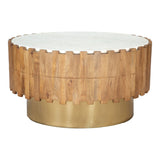31" Gold Natural And White Iron Wood And Faux Marble Round Block Coffee Table