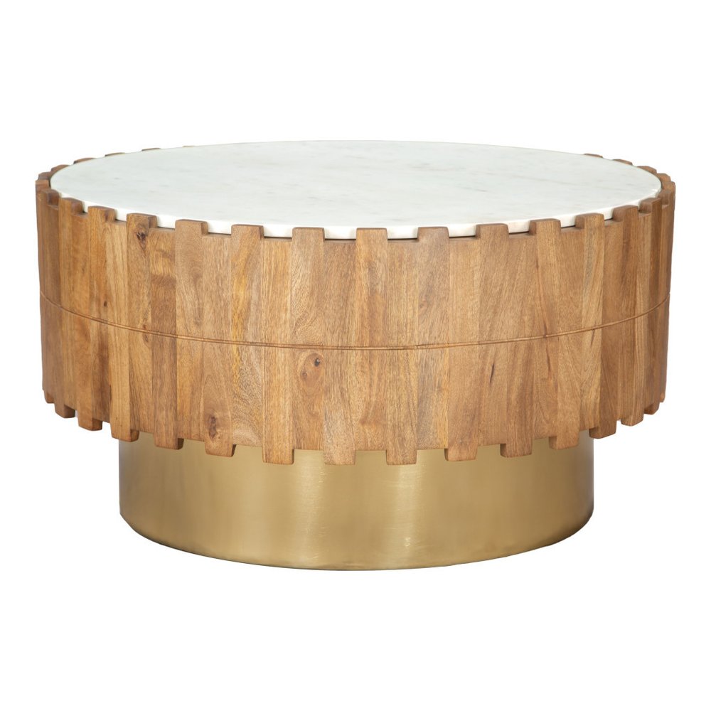 31" Gold Natural And White Iron Wood And Faux Marble Round Block Coffee Table