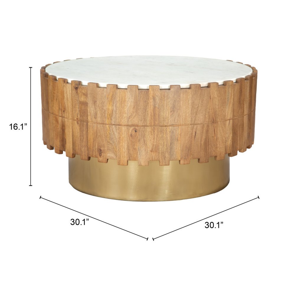 31" Gold Natural And White Iron Wood And Faux Marble Round Block Coffee Table