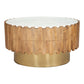 31" Gold Natural And White Iron Wood And Faux Marble Round Block Coffee Table