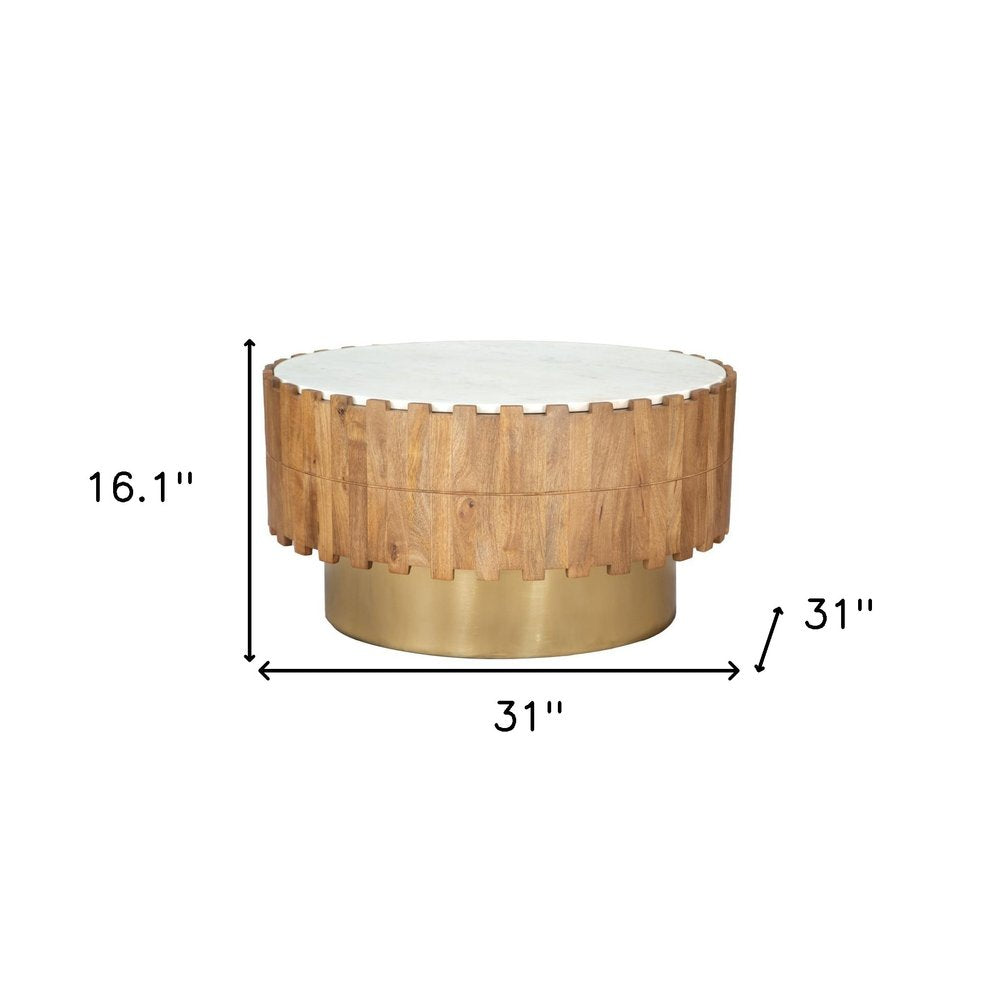31" Gold Natural And White Iron Wood And Faux Marble Round Block Coffee Table