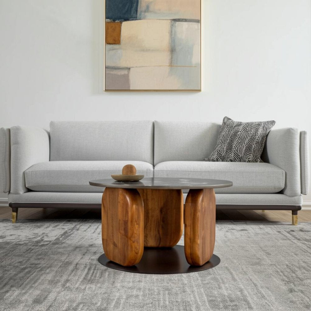 30" Black and Brown Genuine Marble Marble and Solid Wood Round Coffee Table