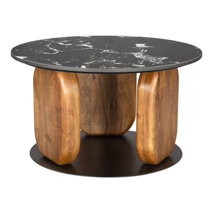 30" Black and Brown Genuine Marble Marble and Solid Wood Round Coffee Table