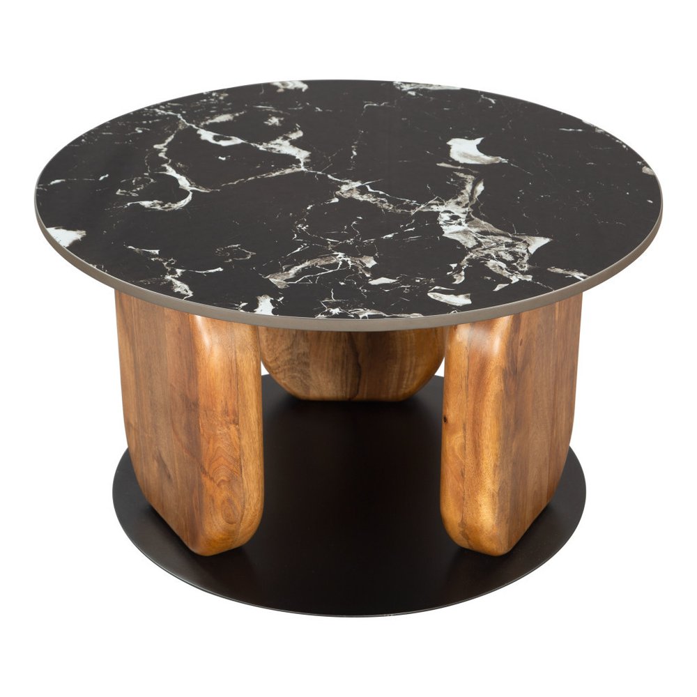 30" Black and Brown Genuine Marble Marble and Solid Wood Round Coffee Table