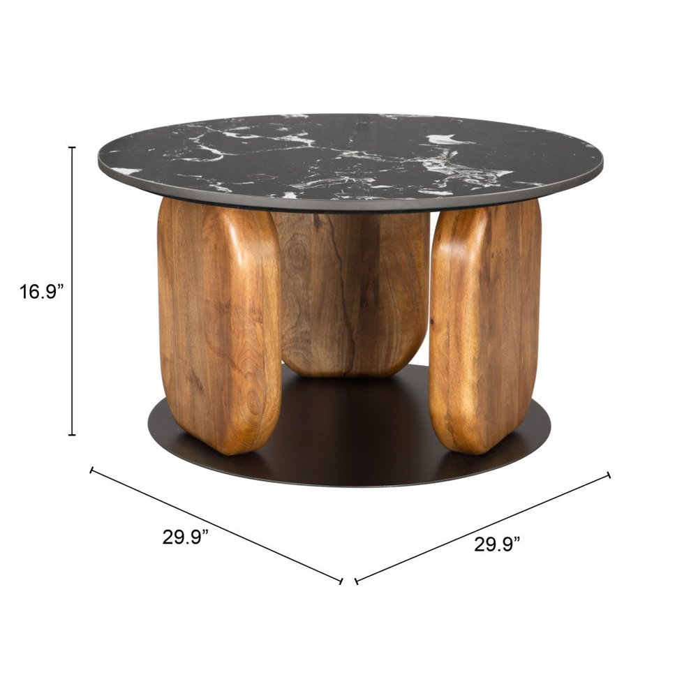30" Black and Brown Genuine Marble Marble and Solid Wood Round Coffee Table