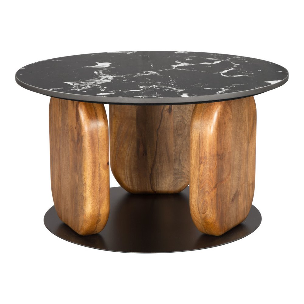 30" Black and Brown Genuine Marble Marble and Solid Wood Round Coffee Table