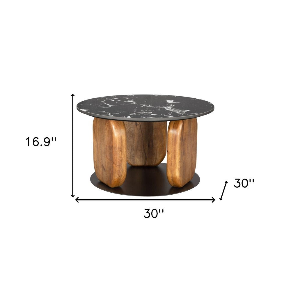 30" Black and Brown Genuine Marble Marble and Solid Wood Round Coffee Table
