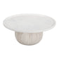 35" White and Natural Wood And Faux Marble Round Pedestal Coffee Table
