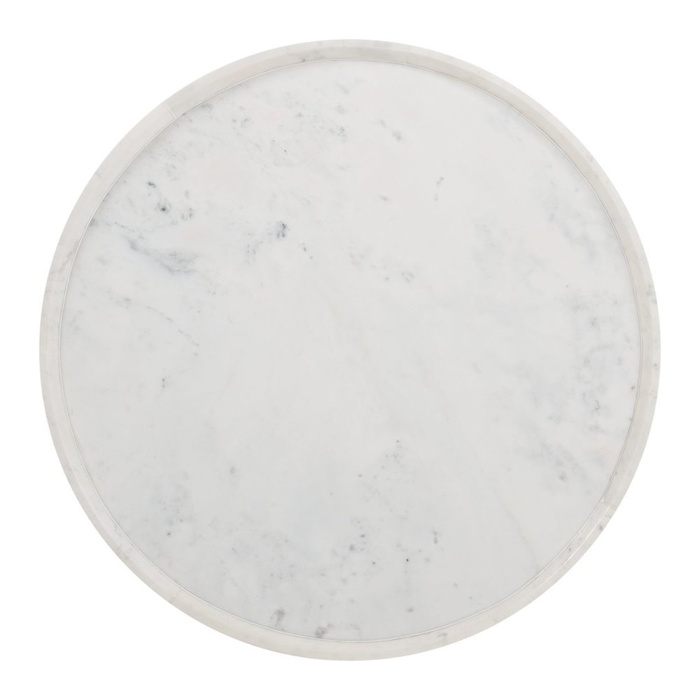 35" White and Natural Wood And Faux Marble Round Pedestal Coffee Table