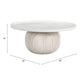 35" White and Natural Wood And Faux Marble Round Pedestal Coffee Table