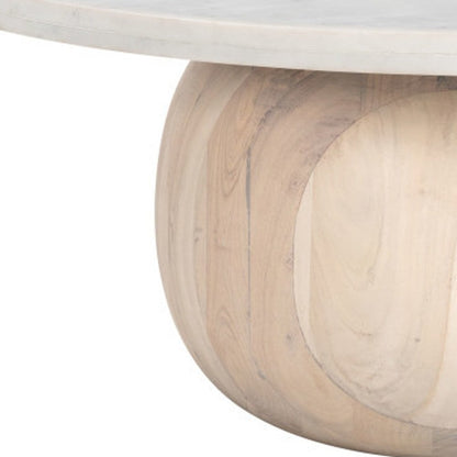 35" White and Natural Wood And Faux Marble Round Pedestal Coffee Table