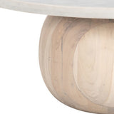 35" White and Natural Wood And Faux Marble Round Pedestal Coffee Table