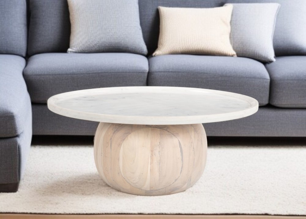 35" White and Natural Wood And Faux Marble Round Pedestal Coffee Table