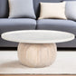 35" White and Natural Wood And Faux Marble Round Pedestal Coffee Table