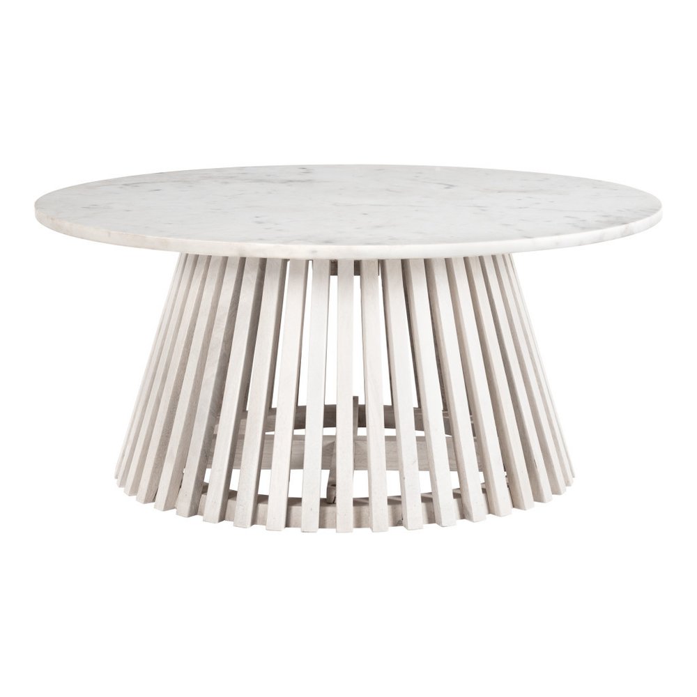 32" White and Natural Genuine Marble and Solid Wood Round Drum Coffee Table