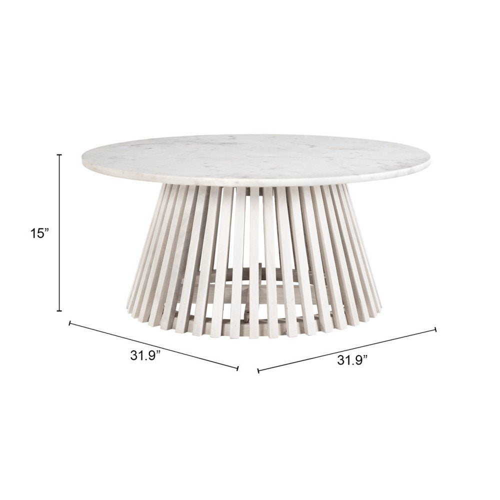32" White and Natural Genuine Marble and Solid Wood Round Drum Coffee Table