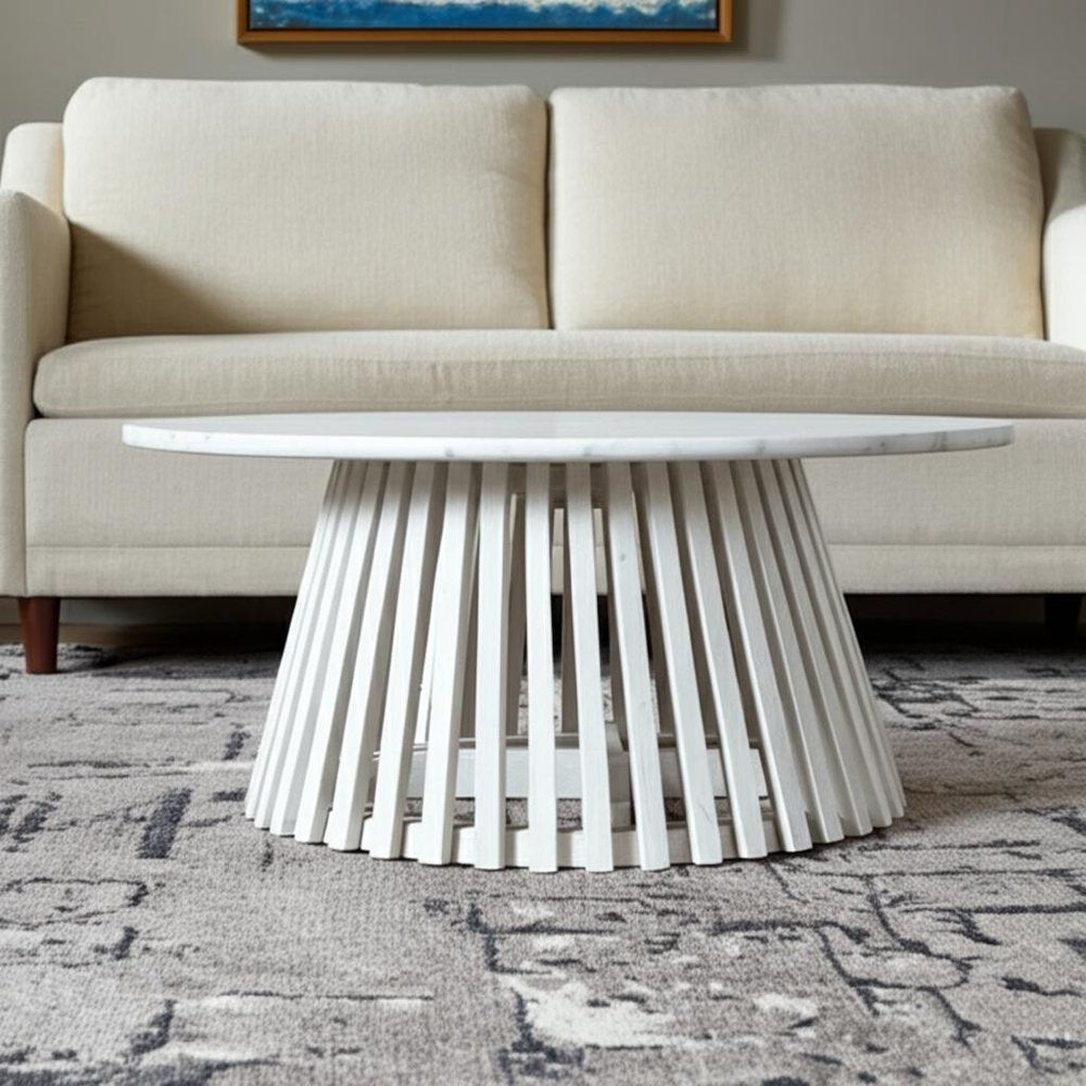 32" White and Natural Genuine Marble and Solid Wood Round Drum Coffee Table