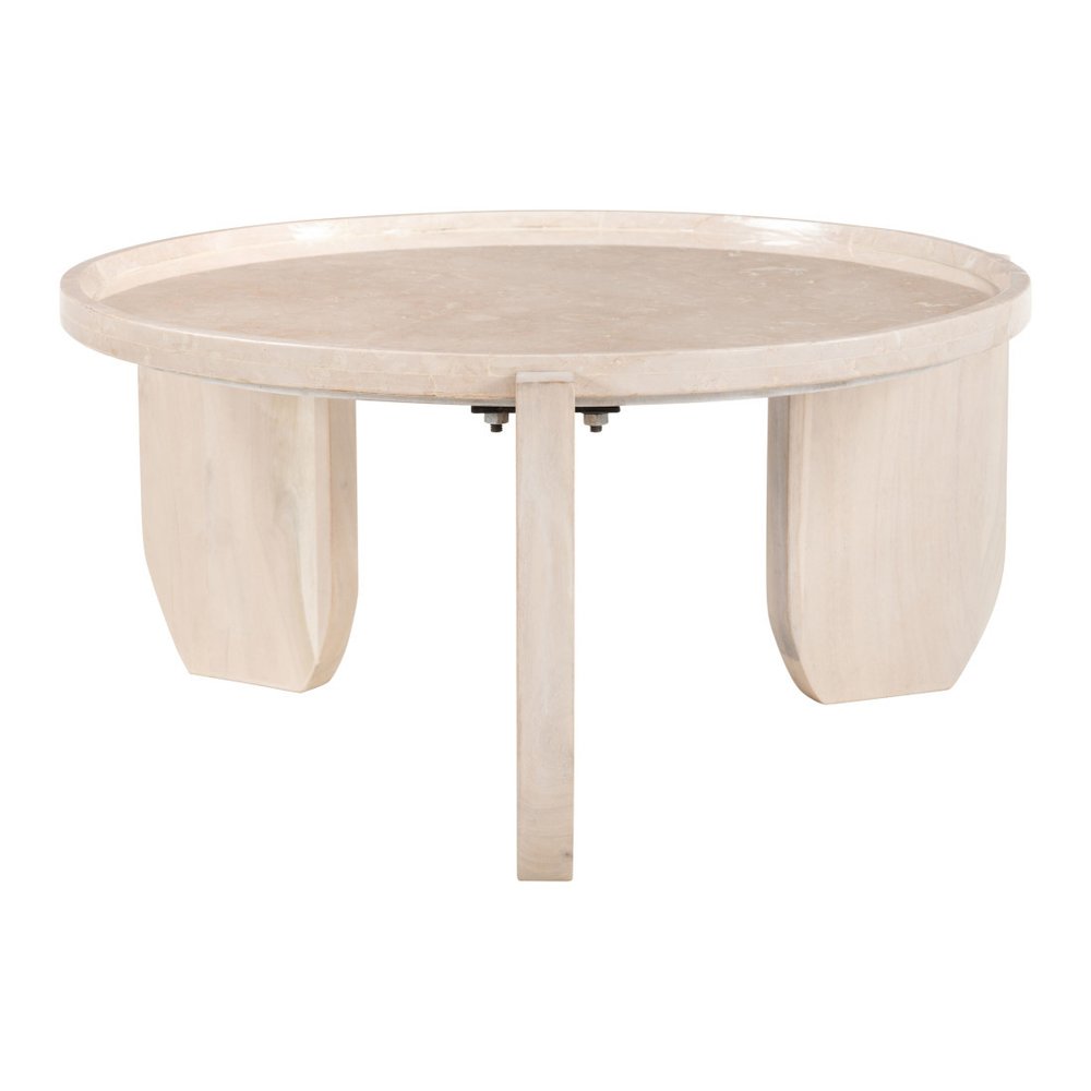 30" Natural Genuine Marble and Marble Round Coffee Table
