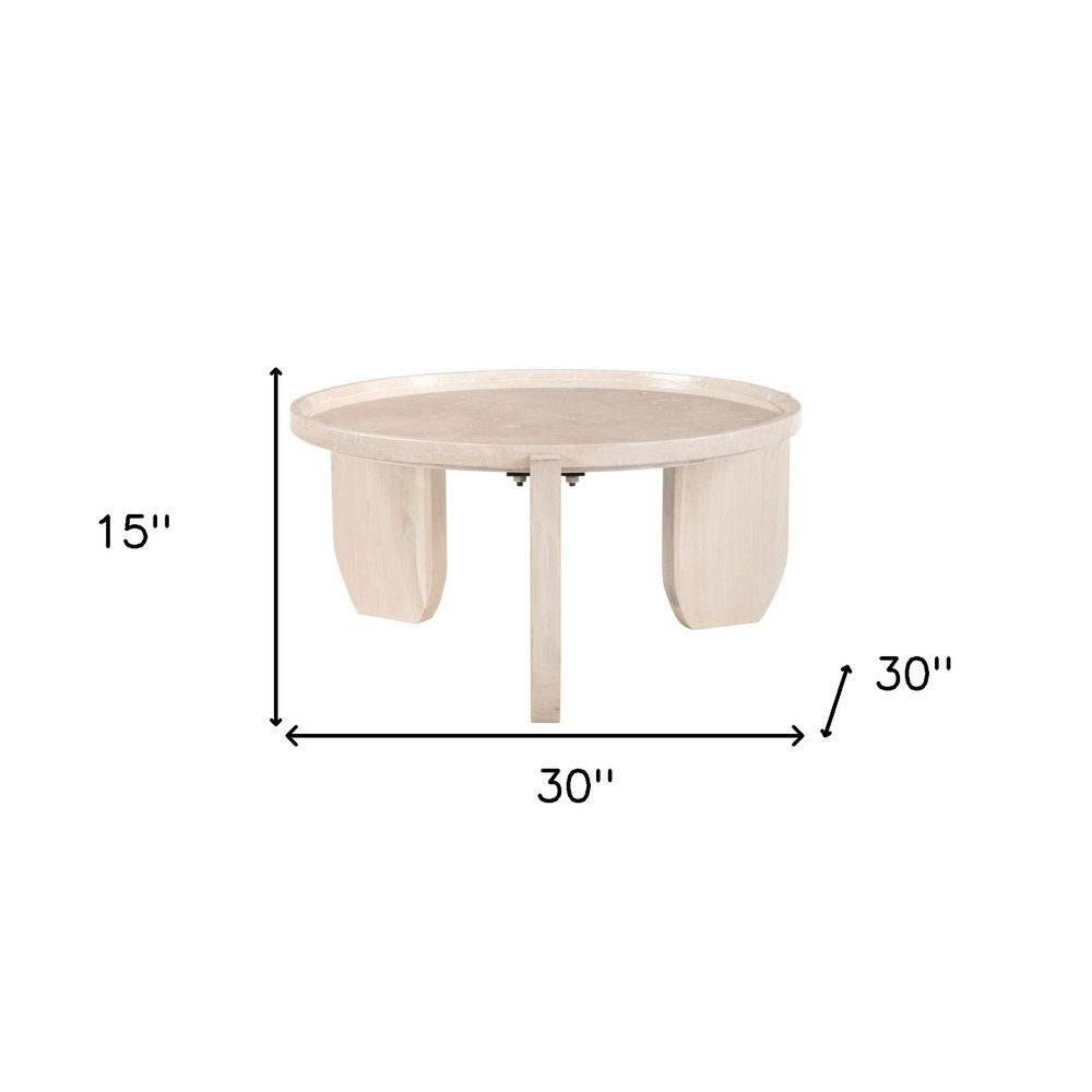 30" Natural Genuine Marble and Marble Round Coffee Table