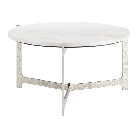 30" White and Silver Genuine Marble and Aluminum Round Cross Legs Coffee Table