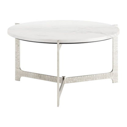 30" White and Silver Genuine Marble and Aluminum Round Cross Legs Coffee Table