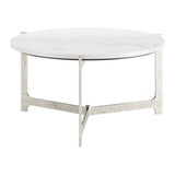 30" White and Silver Genuine Marble and Aluminum Round Cross Legs Coffee Table