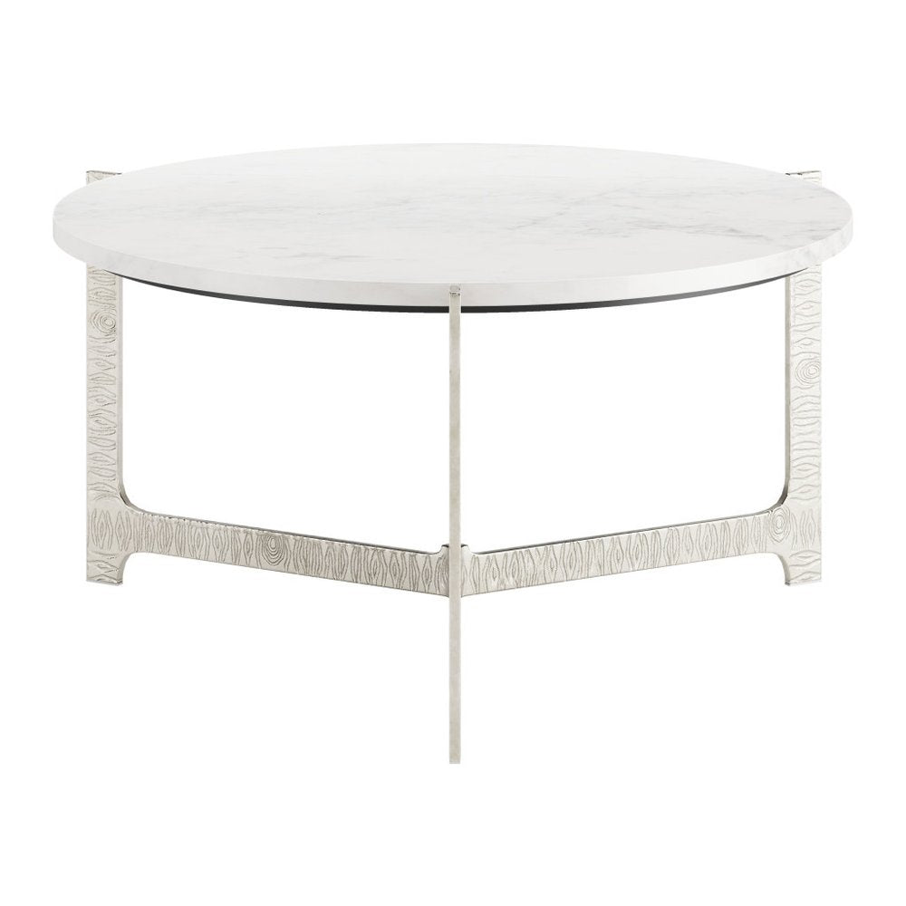30" White and Silver Genuine Marble and Aluminum Round Cross Legs Coffee Table