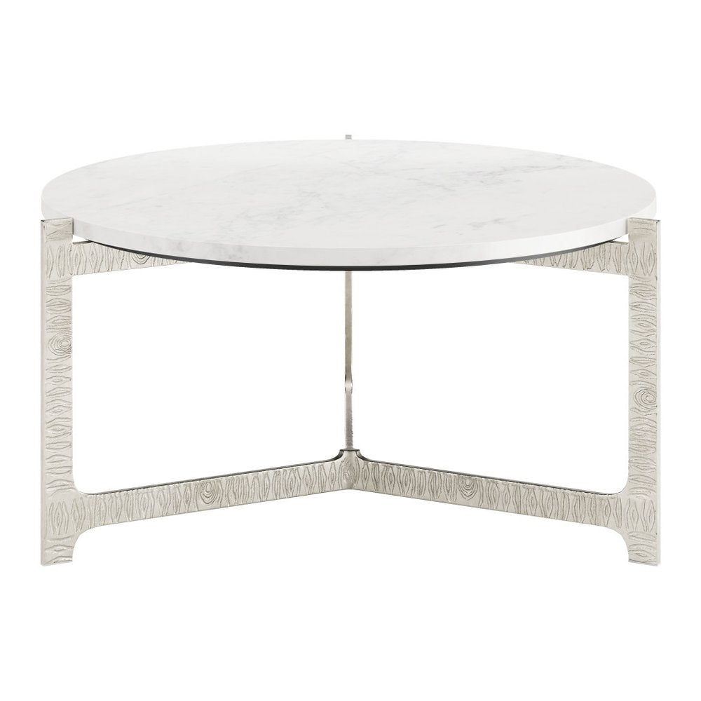 30" White and Silver Genuine Marble and Aluminum Round Cross Legs Coffee Table