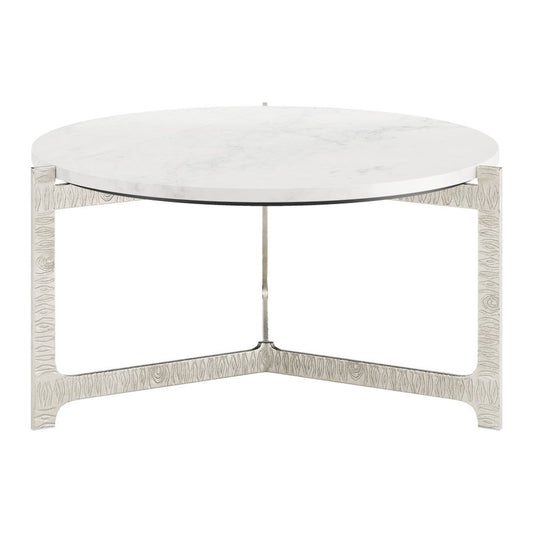 30" White and Silver Genuine Marble and Aluminum Round Cross Legs Coffee Table