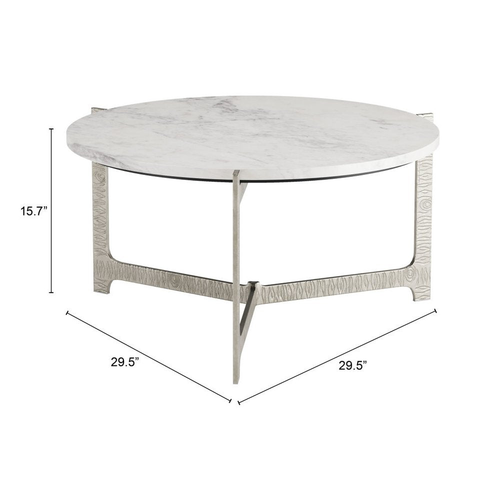 30" White and Silver Genuine Marble and Aluminum Round Cross Legs Coffee Table