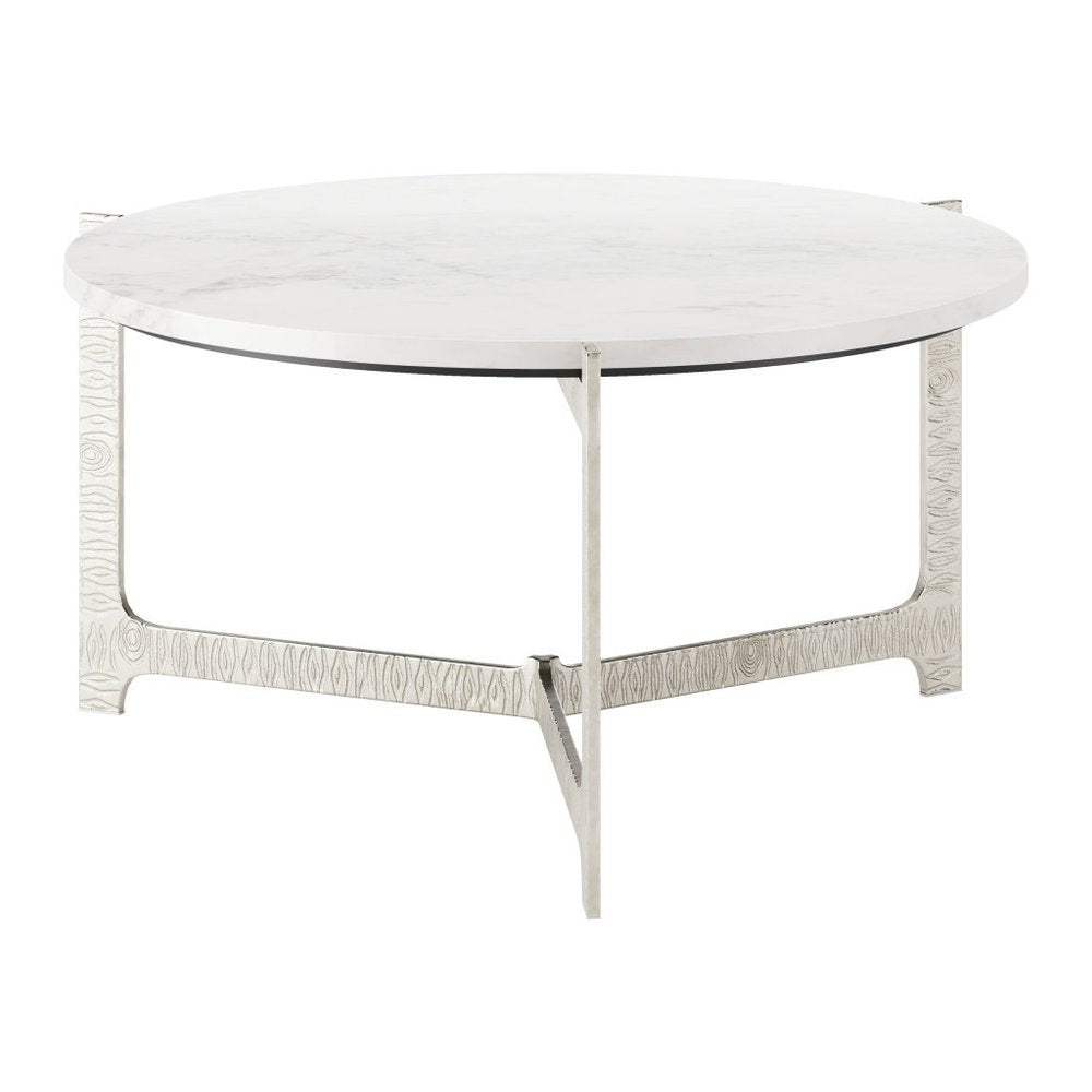 30" White and Silver Genuine Marble and Aluminum Round Cross Legs Coffee Table